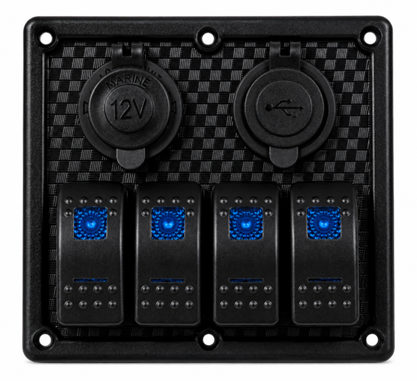 SWITCH PANEL 4 POWER DOUBLE USB WITH CIRCUIT BREAKER BLK 15A X2 SKU00083